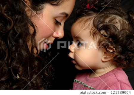 A cheerful mother and her cute daughter look at each other lovingly. A loving single mother communicates with her daughter at home against a dark background. They feel happy spending time together A cheerful mother and her cute daughter look at each other lovingly. A loving single mother communicates with her daughter at home against a dark background. They feel happy spending time together 121289904