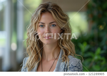 Portrait of a beautiful young woman with wavy hair and blue eyes in casual clothes, smiling at the camera, standing against a blurred background of a cafe interior. Space for text or graphics 121289905