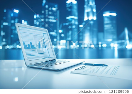 Modern laptop with financial charts on the screen against the backdrop of night city lights. Concept for business and technology growth in a dynamic urban environment. Modern business environment Modern laptop with financial charts on the screen against the backdrop of night city lights. Concept for business and technology growth in a dynamic urban environment. Modern business environment 121289906