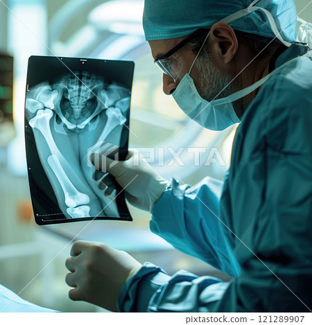 Image of a serious doctor examining MRI results. A male specialist working in a hospital examines an x-ray of a patient's hip joint. Medicine and hospital concept. Medical healthcare. Copy space Image of a serious doctor examining MRI results. A male specialist working in a hospital examines an x-ray of a patient's hip joint. Medicine and hospital concept. Medical healthcare. Copy space 121289907