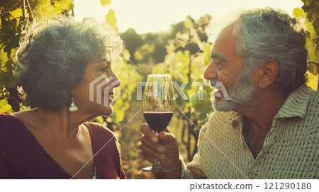 Gray-haired Portuguese retirees at vineyard, relaxing under warm sunlight. Active retirees enjoying life Gray-haired Portuguese retirees at vineyard, relaxing under warm sunlight. Active retirees enjoying life 121290180