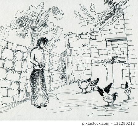 sketch, a woman is going to feed the chickens 121290218