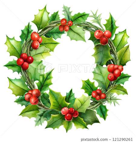 Christmas wreath made of holly, on an isolated transparent background for use in graphic design on the theme of Christmas Christmas wreath made of holly, on an isolated transparent background for use in graphic design on the theme of Christmas 121290261