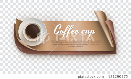 Coffee cup realistic banner with aroma drink cup. Cafe shop branding, menu, invitation, business card, flyer, packaging design vector illustration on transparent background. 121290275