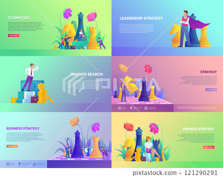 Teamwork finance strategy make money banner set. Different concept of save investment and planning. Collection various posters or landing pages template. Flat vector illustration. 121290291