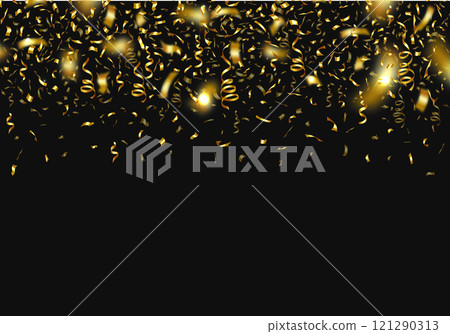 Gold realistic confetti and twisted ribbons on black background. Award ceremony decoration. Glossy festive serpentine isolated vector illustration. Wedding ceremony or anniversary celebration backdrop 121290313