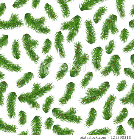 Merry Christmas seamless pattern with realistic fir tree branches on white background. Christmas gifts wrapping template. Xmas background design with evergreen spruce branches vector illustration. 121290318