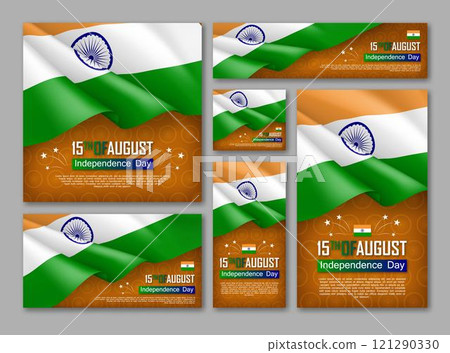 Indian Independence day celebration posters set. 15th of August felicitation greeting vector illustration. Realistic backgrounds with indian flag and ashoka wheel. Indian national patriotic holiday. 121290330