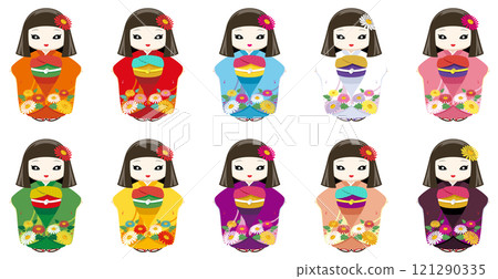 A set of illustration icons of a pale, slightly scary-looking Okiku doll with bob hair wearing a kimono. A set of illustration icons of a pale, slightly scary-looking Okiku doll with bob hair wearing a kimono. 121290335