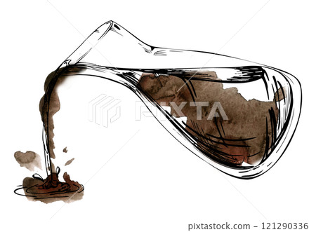 Hand drawn watercolor ink, transparent glass vase jar jug bottle pouring soy teriyaki sauce coffee with splash. Isolated illustration for wedding, cards, spa, florist shop, cafe restaurant, commerce. Hand drawn watercolor ink, transparent glass vase jar jug bottle pouring soy teriyaki sauce coffee with splash. Isolated illustration for wedding, cards, spa, florist shop, cafe restaurant, commerce. 121290336