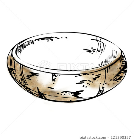 Ceramic plate dish bowl beige, for hobby, handmade, food. Hand drawn in watercolor and ink. Isolated illustration for pottery shop logo, art class, print, website, restaurant or cafe menu, booklet. 121290337