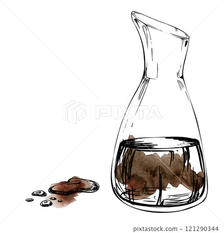 Hand drawn watercolor ink, transparent glass vase jar jug bottle with soy teriyaki sauce coffee. Single element isolated illustration for wedding, cards, spa, florist shop, cafe restaurant, commerce. 121290344