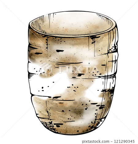 Ceramic cup mug raku, beige color clay for hobby, handmade, drink. Hand drawn in watercolor and ink. Isolated illustration pottery shop logo, art class, print, website, restaurant cafe menu, booklet. 121290345