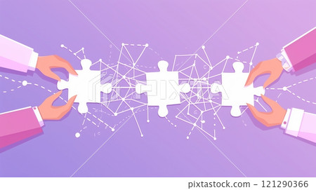 Conceptual illustration of hands connecting puzzle pieces with digital network 121290366