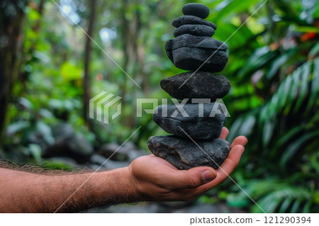 Hand balancing a stack of dark stones in a lush green forest setting with blurred background 121290394