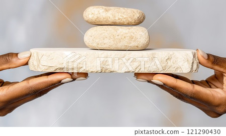 Close-up of two hands balancing white clay stones on a rectangular block, stability and precision Close-up of two hands balancing white clay stones on a rectangular block, stability and precision 121290430
