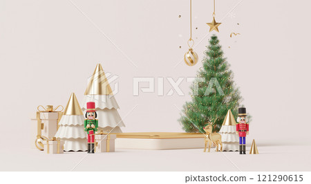 3D render, Happy new year and Merry Christmas background with Podium stage decorated with nutcracker and golden Christmas trees with festive gifts. 3D render, Happy new year and Merry Christmas background with Podium stage decorated with nutcracker and golden Christmas trees with festive gifts. 121290615