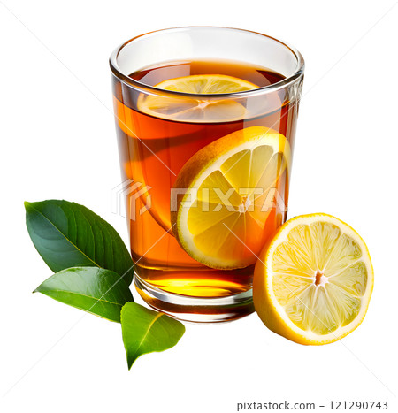 Tea with lemon in a glass mug on an isolated background, and next to it are slices of lemon with leaves and the lemon itself Tea with lemon in a glass mug on an isolated background, and next to it are slices of lemon with leaves and the lemon itself 121290743