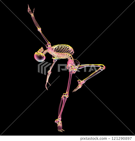 Human skeleton in a ballet dancing pose, 3D illustration 121290897