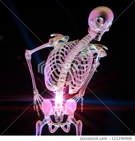 Human skeleton with lower back pain, 3D illustration Human skeleton with lower back pain, 3D illustration 121290906