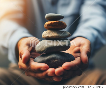 Man in blue shirt holding a stack of balanced stones with warm lighting 121290947