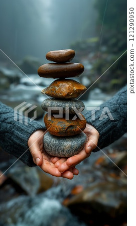 A person wearing a gray sweater holds a stack of wet, mossy stones in a misty forest, emphasizing nature and balance 121290950