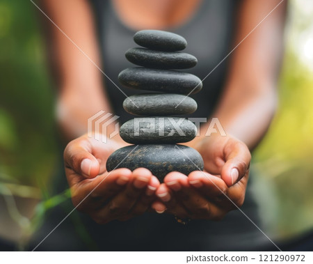 Woman with dark skin holding a stack of black stones in a tranquil outdoor setting Woman with dark skin holding a stack of black stones in a tranquil outdoor setting 121290972