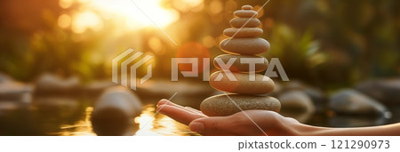 Hand balancing a tower of smooth stones in a tranquil sunset garden, symbolizing peace and harmony 121290973