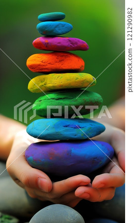 Hands balance a vibrant stack of rainbow-colored stones outdoors, symbolizing creativity and harmony 121290982