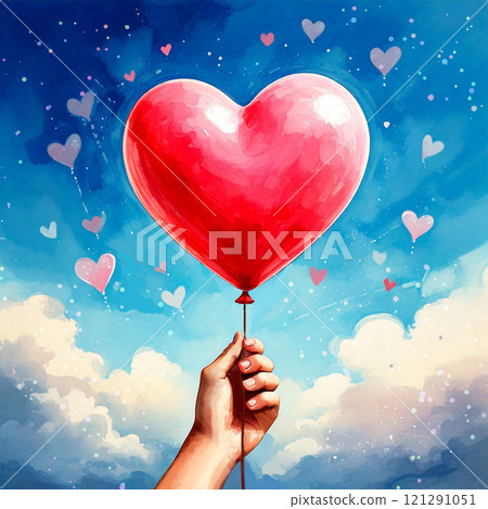 Illustration of a hand holding a heart-shaped balloon against the blue sky 121291051