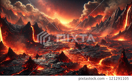 A lava-covered volcanic world, with flowing rivers of molten lava, fiery eruptions, and a dramatic landscape of volcanic rocks and craters. Generative AI illustration. 121291105