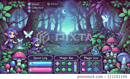 A dense forest filled with mythical creatures like fairies, sprites, and magical plants. Generative AI illustration. 121291149