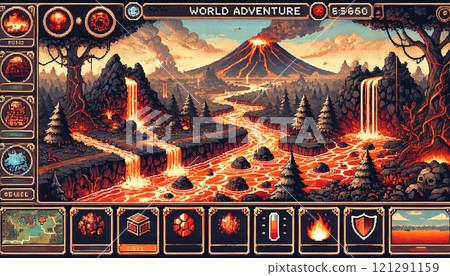 A game interface set in a lava-covered volcanic world, featuring molten rivers, rock formations, and lava golems. Generative AI illustration. 121291159