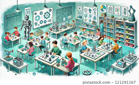 A school robotics club setting, featuring students working together on building and programming robots. Generative AI illustration. 121291167