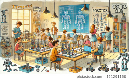 A school robotics club setting, featuring students working together on building and programming robots. Generative AI illustration. 121291168