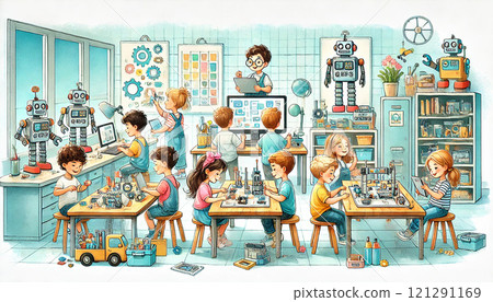 A school robotics club setting, featuring students working together on building and programming robots. Generative AI illustration. 121291169