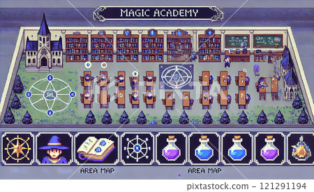 A pixel art-style fantasy game interface for a magic academy campus, featuring classrooms, libraries, and alchemy labs. Generative AI illustration. 121291194