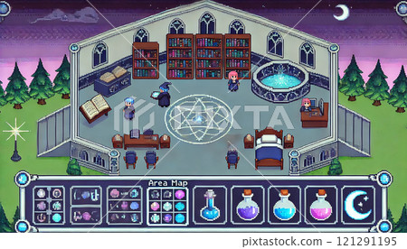 A pixel art-style fantasy game interface for a magic academy campus, featuring classrooms, libraries, and alchemy labs. Generative AI illustration. 121291195