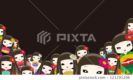 許多身著和服、眼神蒼白、略帶恐怖的大菊人偶聚集在一起的背景材料（黑色背景） 121291206