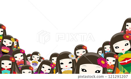 Background material (transparent background) of many Okiku dolls wearing kimonos, with pale faces and slightly scary eyes 121291207
