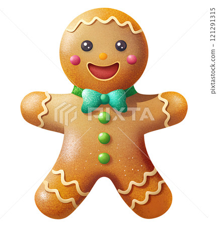 Gingerbread man on an isolated transparent background, for use in graphic design on the theme of Christmas 121291315