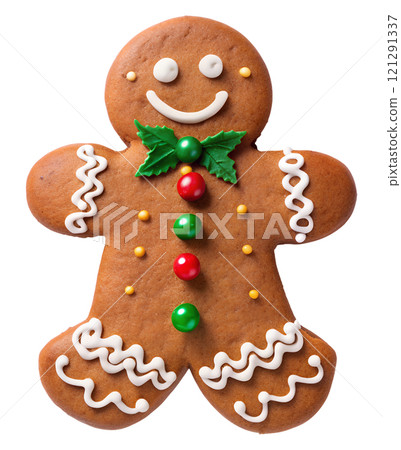 Gingerbread man on an isolated transparent background, for use in graphic design on the theme of Christmas Gingerbread man on an isolated transparent background, for use in graphic design on the theme of Christmas 121291337