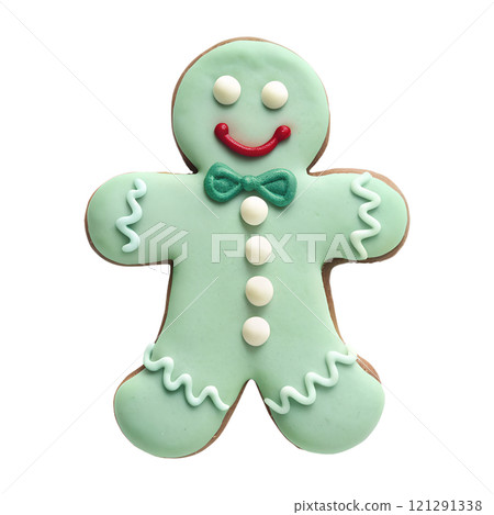 Gingerbread man on an isolated transparent background, for use in graphic design on the theme of Christmas Gingerbread man on an isolated transparent background, for use in graphic design on the theme of Christmas 121291338