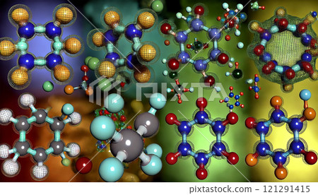 Background featuring different molecular grids, showcasing the intricate patterns and structures of molecules in a scientific and abstract design. Generative AI illustration. Background featuring different molecular grids, showcasing the intricate patterns and structures of molecules in a scientific and abstract design. Generative AI illustration. 121291415