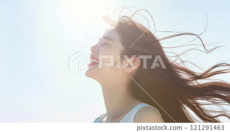 AI-generated image of an Asian woman with beautiful long flowing hair 121291463