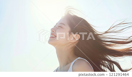 AI-generated image of an Asian woman with beautiful long flowing hair 121291464