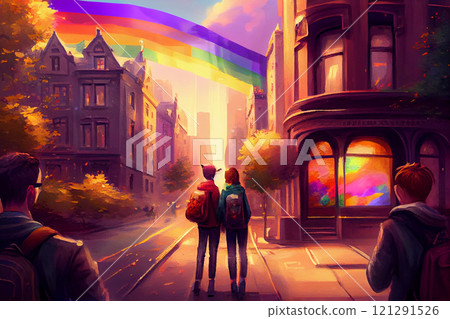 A vibrant and lively illustration of a couple walking through a colorful city with a rainbow in the background, generative ai 121291526