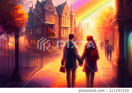 A vibrant and lively illustration of a couple walking through a colorful city with a rainbow in the background, generative ai 121291530