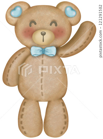 Teddy bear character cute baby boy, hand drawn pastel color for baby newborn childish greeting cards or invitations. Colorful drawing on white background. 121291582