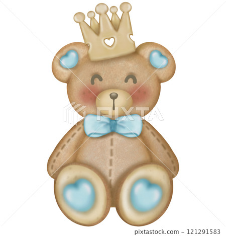 Teddy bear character cute baby boy, hand drawn pastel color for baby newborn childish greeting cards or invitations. Colorful drawing on white background. 121291583